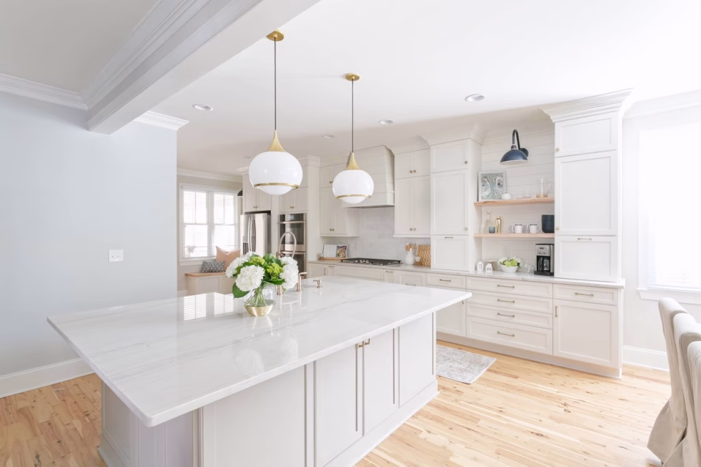 Quartzite countertop on a full home renovation. This custom home renovations has a custom cabinet design completed by a team of Charleston custom home builders
